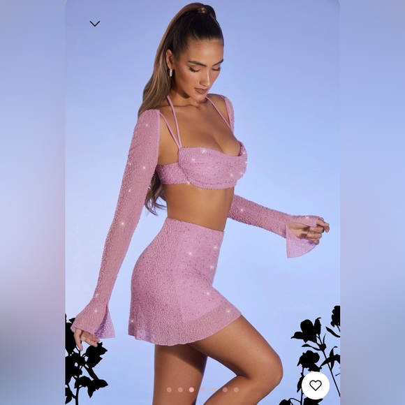 Oh Polly Embellished Long Sleeve Crop Top in Pink - Picture 3 of 5